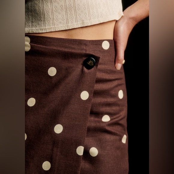 NWT Sezane Pierra Wrap Midi Skirt Ecru Brown Dot Linen Maxi Skirt UK 6 US 2 - Picture 2 of 7